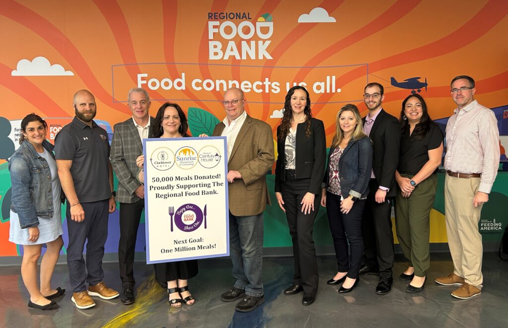 Sunrise Management & Consulting, The Inn at Century House and The Clocktower Hotel celebrate 50,000 meals donated to the Regional Food Bank since 2024
