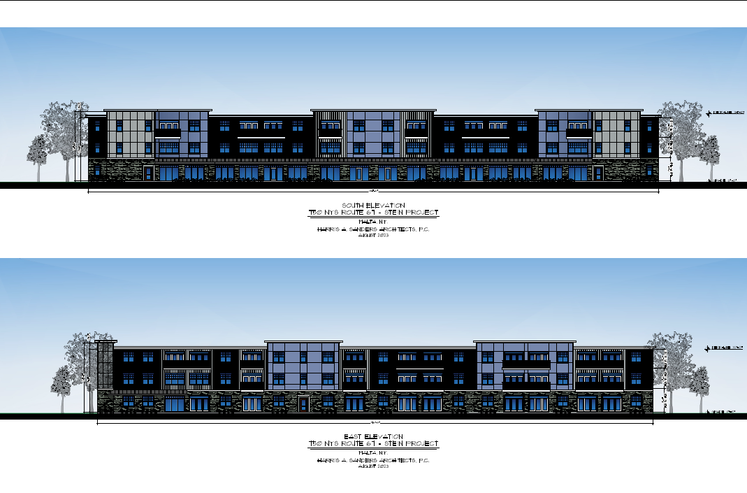 Elevation rendering of The Eastline Apartments, Route 67 and Eastline Road, Malta, NY